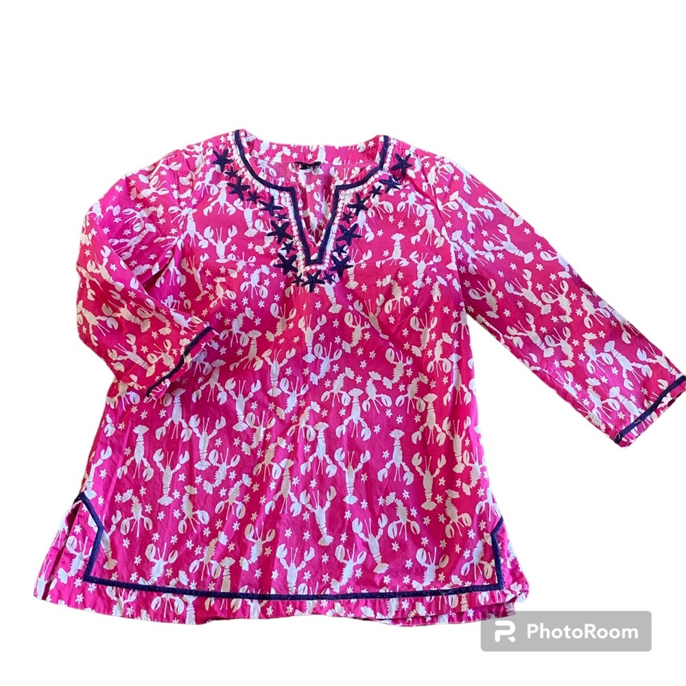Talbots Tunic Top Shirt Lobster Print Pink Blue Womens Size Small Popover - Picture 4 of 10